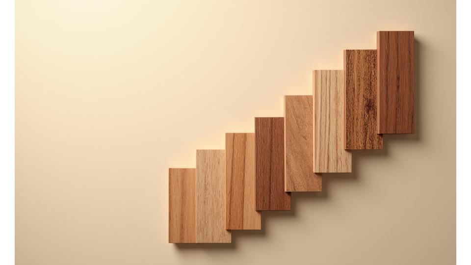 Various wood samples for staircases laid out on a table, showcasing different species and finishes
