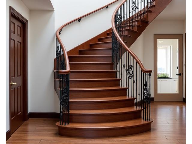 Graceful curved wooden staircase with custom wrought iron balusters as a grand entrance feature